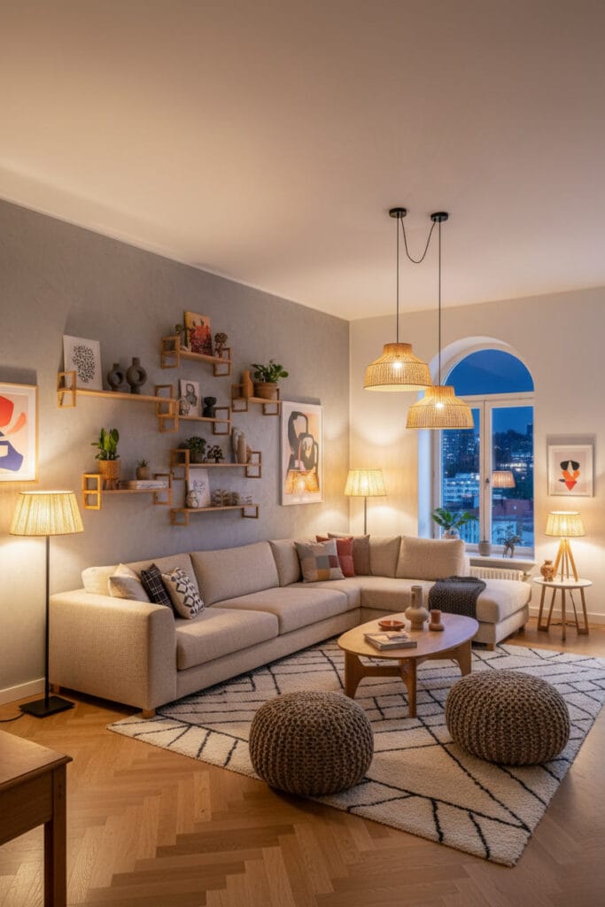 Étagères murales flottantes décoratives dans une décoration murale salon tendance