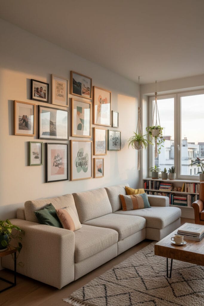 Galerie de cadres muraux créant une décoration murale salon tendance chaleureuse et personnalisée