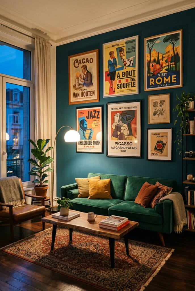 Décoration murale salon tendance avec mur d’affiches vintage créant une ambiance rétro chaleureuse et pleine de personnalité.