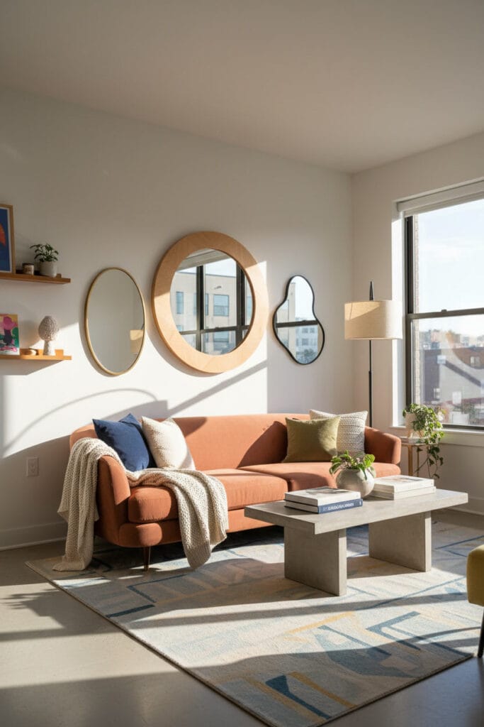 Miroirs muraux décoratifs créant une décoration murale salon tendance aérienne et lumineuse