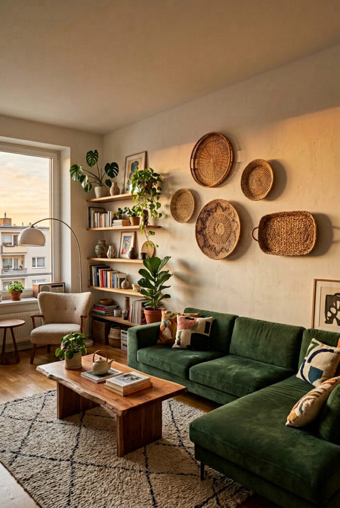 Décoration murale salon tendance avec composition de paniers décoratifs sur un mur chaleureux
