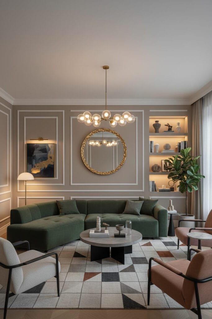 Mur avec moulures modernes apportant élégance et relief à une décoration murale salon tendance