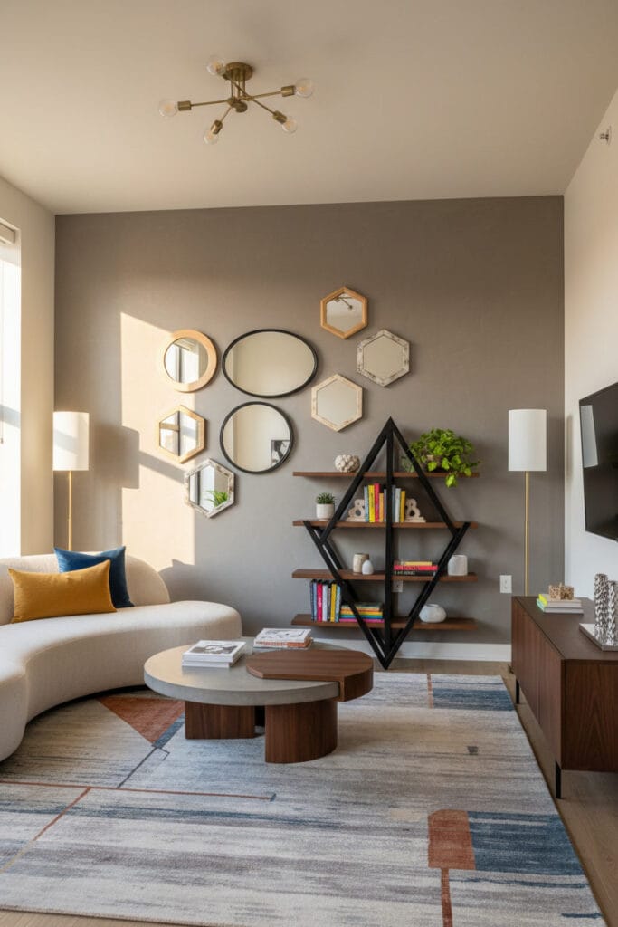 Mur décoré avec petits miroirs variés apportant lumière et charme à une décoration murale salon tendance
