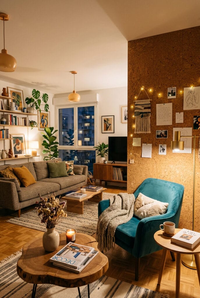 Mur en liège ou panneaux naturels dans une décoration murale salon tendance chaleureuse