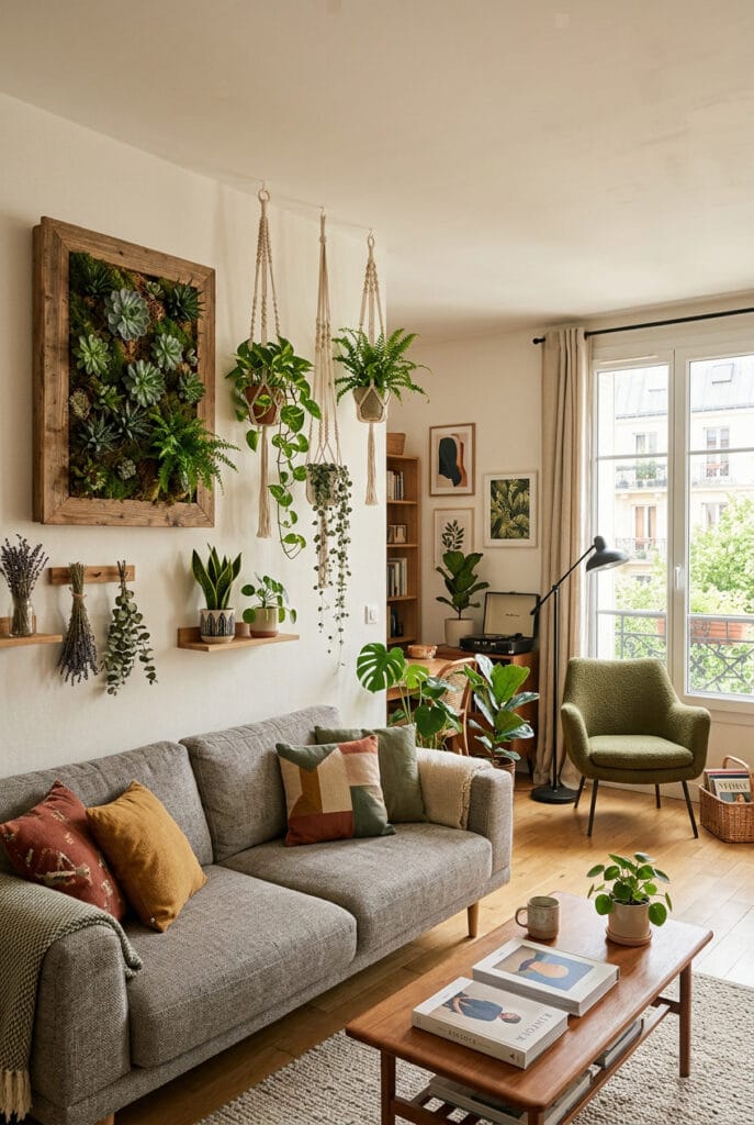 Mur végétal décoratif utilisé comme décoration murale salon tendance pour créer une atmosphère naturelle, douce et relaxante.