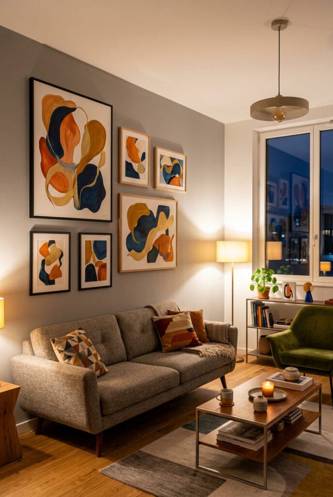 Mur décoré de tableaux abstraits dans un salon moderne illustrant une décoration murale salon tendance artistique et contemporaine.