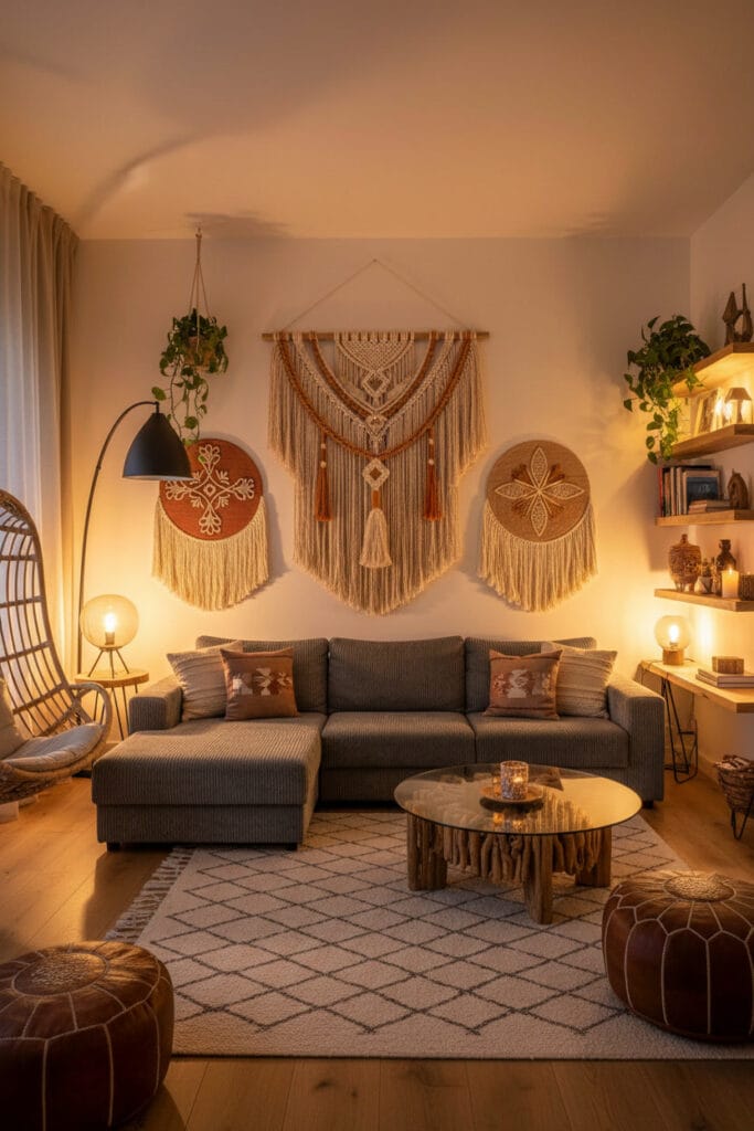 Tapisserie murale tissée créant une décoration murale salon tendance douce et chaleureuse