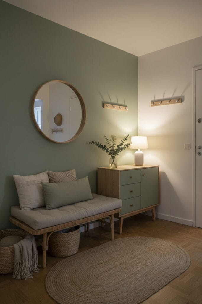 Hall d’entrée avec mur vert sauge, miroir et paniers en osier, décoration lumineuse et apaisante