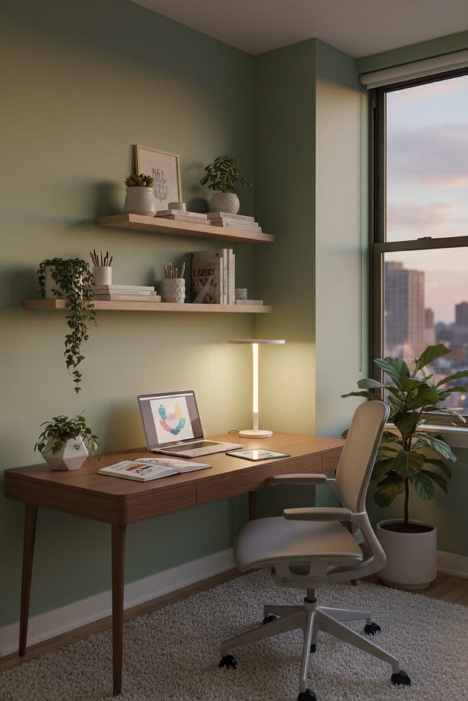 Bureau vert sauge avec chaise et accessoires minimalistes, ambiance calme et inspirante