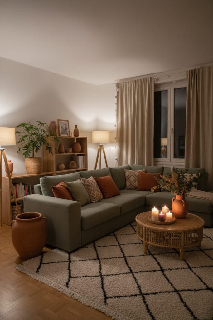 Intérieur décoré avec coussins, vases et accessoires vert sauge et terracotta, style naturel et élégant