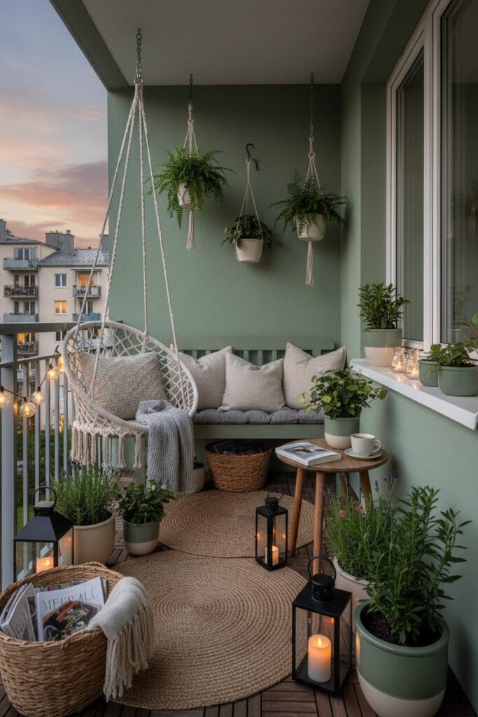 Balcon décoré avec coussins vert sauge, plantes en pots et éclairage doux, ambiance cosy et reposante