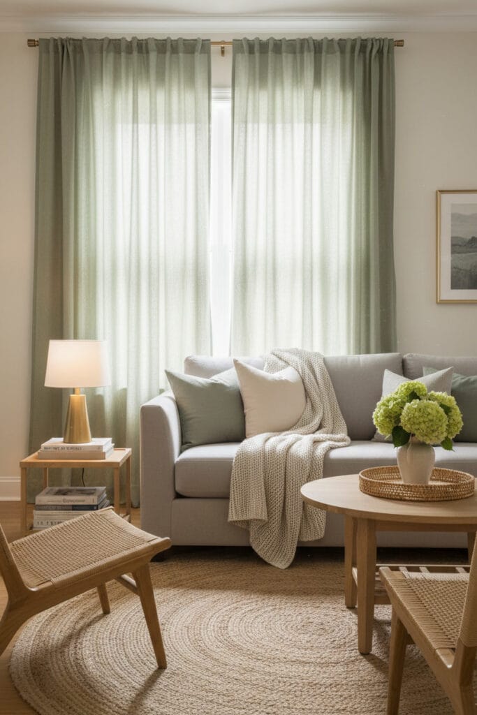 Rideaux vert sauge en lin filtrant la lumière, avec accessoires en bois clair et coussins assortis, ambiance cosy et apaisante