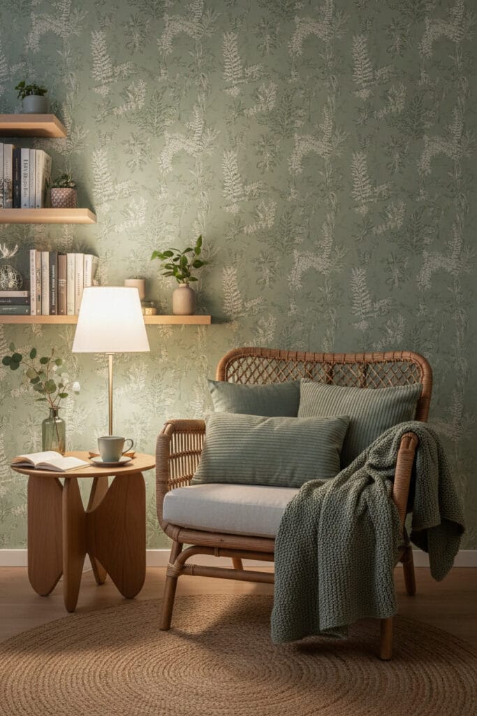 Intérieur décoré avec motifs et textures vert sauge, coussins et accessoires naturels, ambiance cosy et raffinée