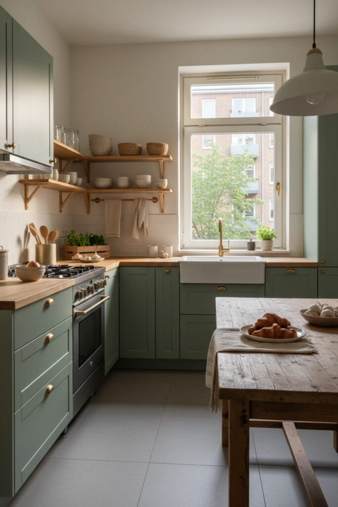 Cuisine élégante avec meubles vert sauge et ambiance chaleureuse et naturelle