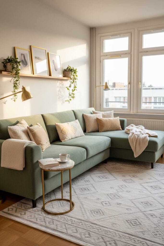 Intérieur cosy organisé autour d’un canapé vert sauge dans un salon élégant