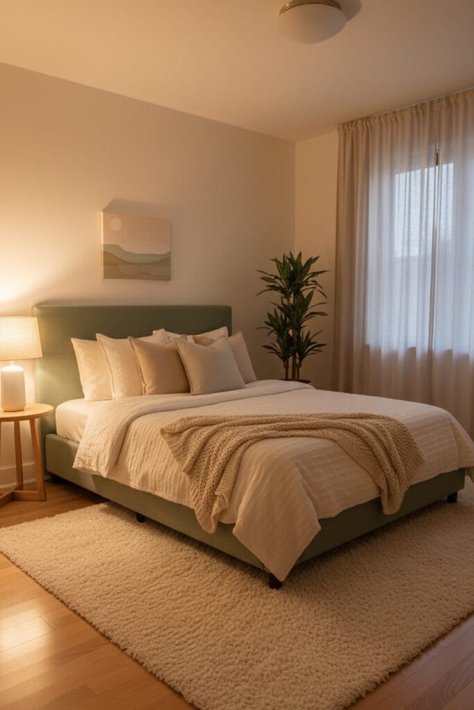 Espace nuit avec tête de lit vert sauge dans une chambre cosy et lumineuse