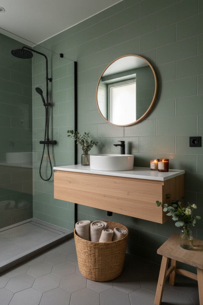 Salle de bain vert sauge avec ambiance apaisante et décoration naturelle élégante