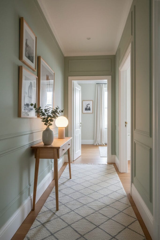 Couloir vert sauge avec ambiance élégante et décoration intérieure harmonieuse