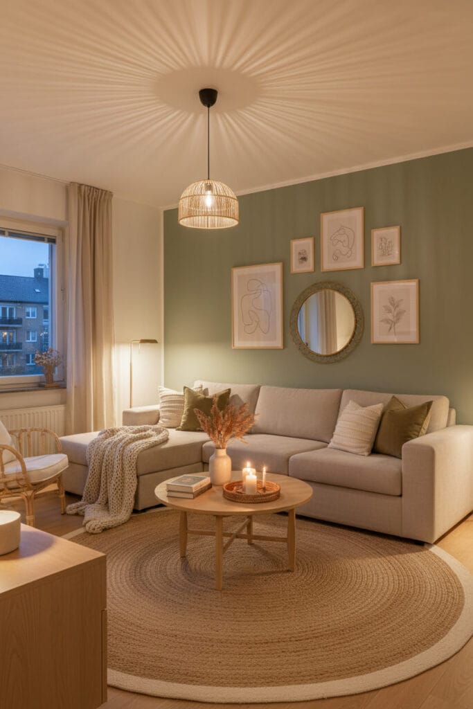 Salon lumineux avec murs vert sauge, décoration naturelle et ambiance cosy élégante