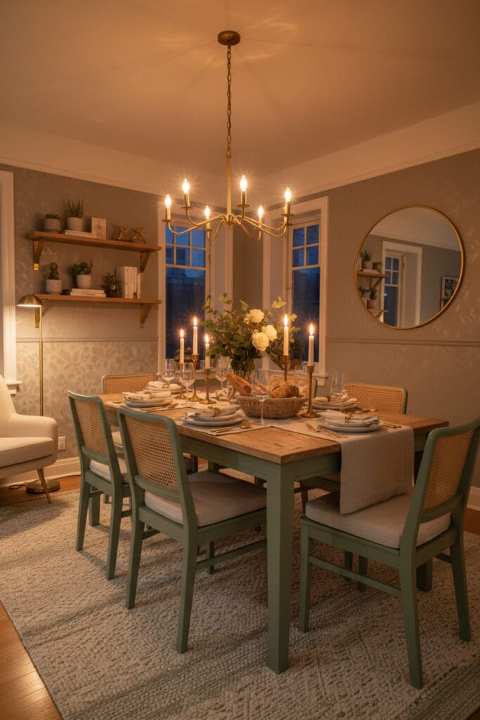 Salle à manger avec table et chaises vert sauge dans une ambiance élégante et conviviale