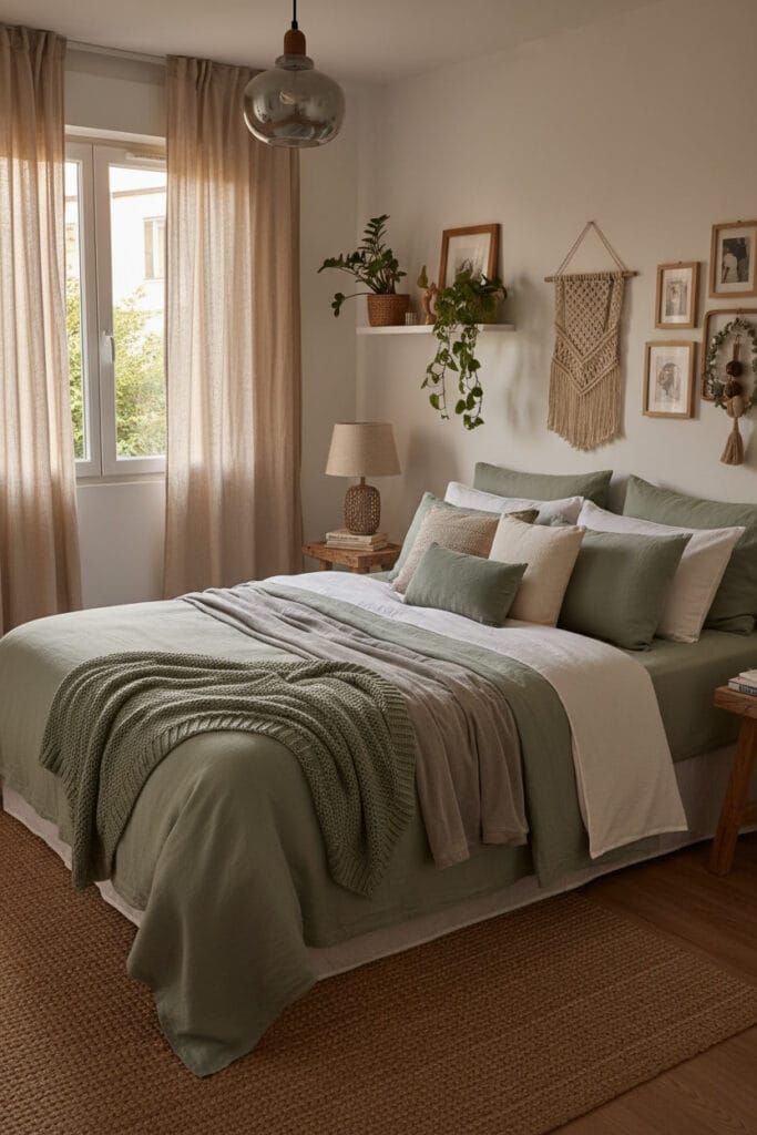 Linge de maison vert sauge dans une chambre cosy et élégante