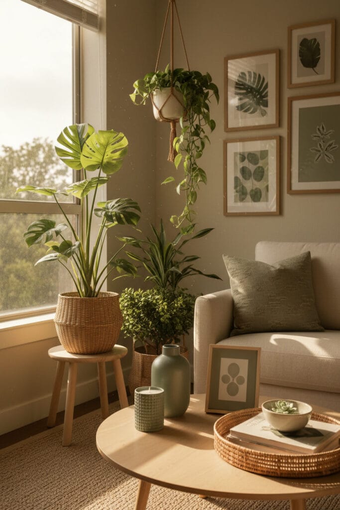 Salon avec plantes vert sauge, vases et accessoires assortis, ambiance cosy et harmonieuse