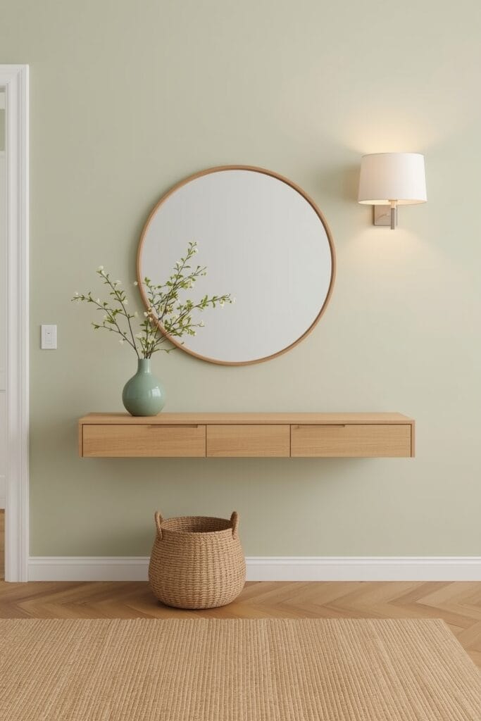 Entrée moderne avec mur vert sauge, console en bois clair, miroir, vase et panier en osier pour un accueil doux et élégant.