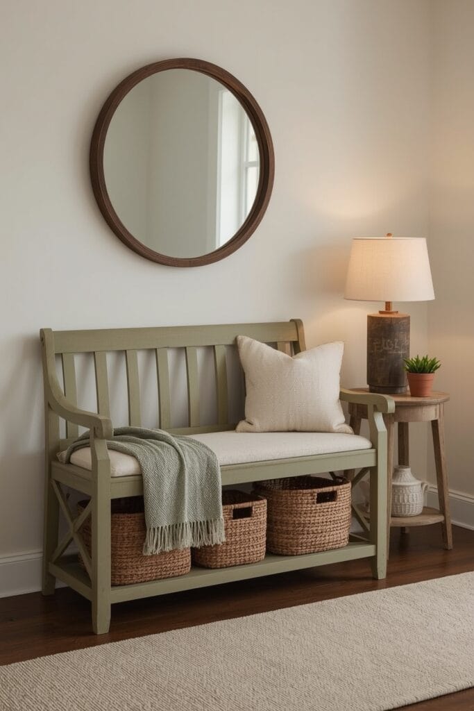 Entrée campagne avec banquette vert sauge, coussin, paniers tressés, miroir rustique et lampe pour une ambiance accueillante.