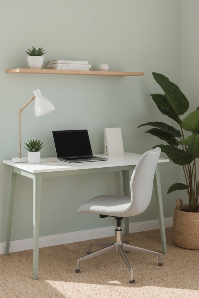 Bureau moderne vert sauge avec mur peint, tableaux, étagère en bois clair et plantes pour un espace de travail apaisant.