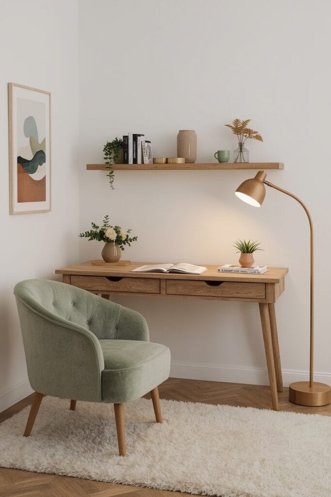 Coin bureau créatif avec fauteuil vert sauge, bureau en bois, étagères, plantes et tapis doux pour une ambiance inspirante.