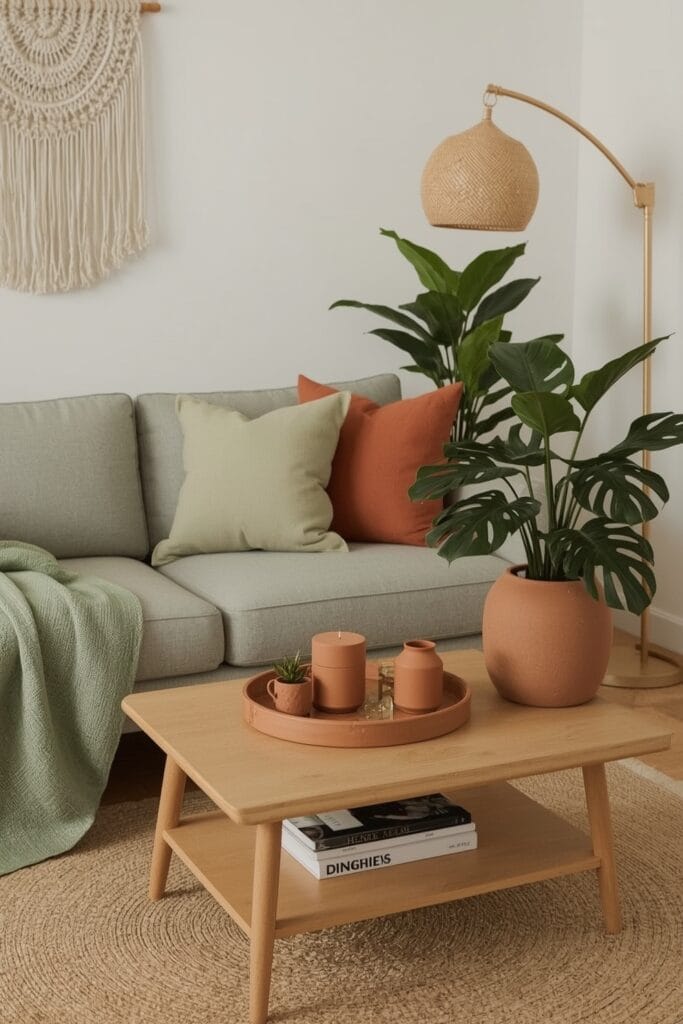 Salon cosy avec duo vert sauge et terracotta, canapé, coussins, plantes en pot et décoration en rotin pour une ambiance bohème.