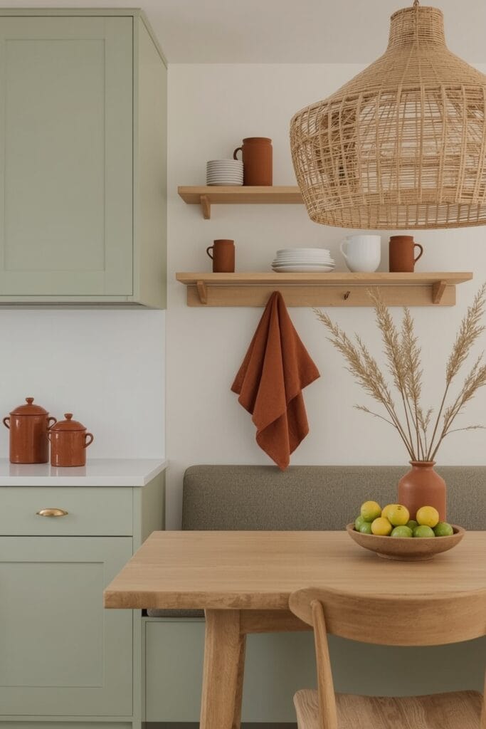 Cuisine avec meubles vert sauge, accents terracotta, plan de travail en bois et accessoires en osier pour une ambiance chaleureuse.