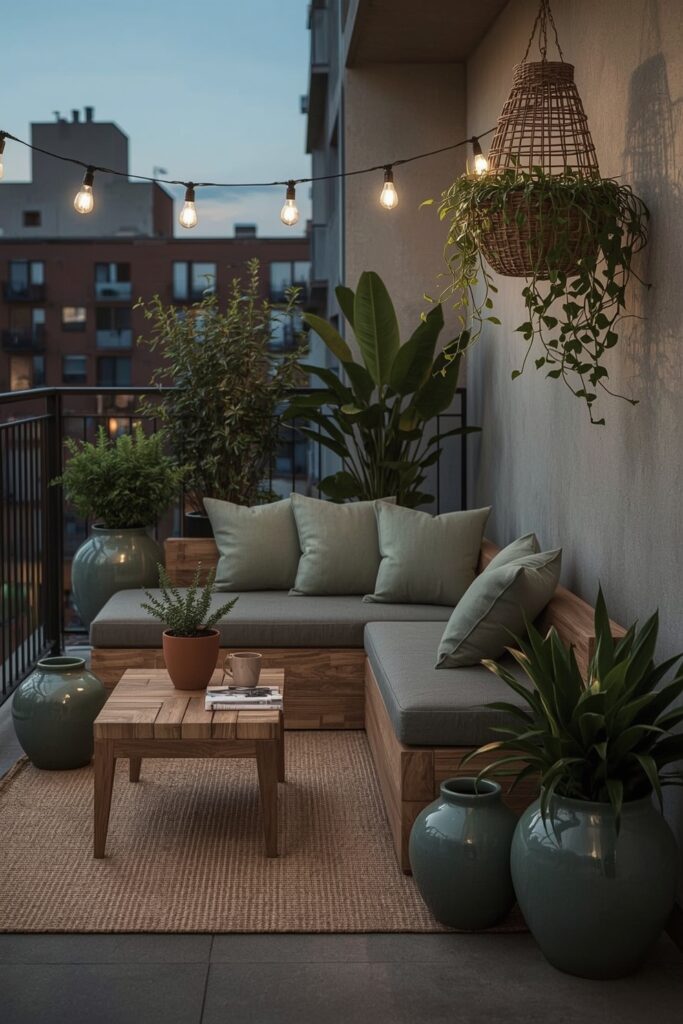 Balcon urbain cosy avec coussins vert sauge, pots de plantes, table en bois et lumières douces pour une ambiance apaisante.