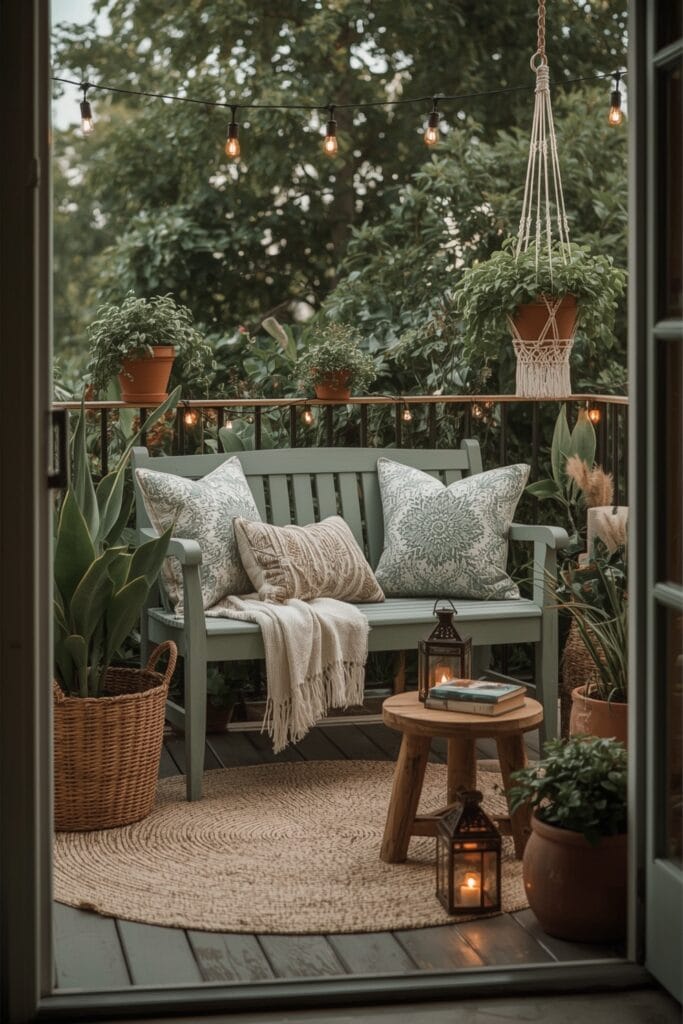 Balcon campagne avec banc vert sauge, coussins, plantes en pots suspendus et lanternes pour une ambiance bohème.