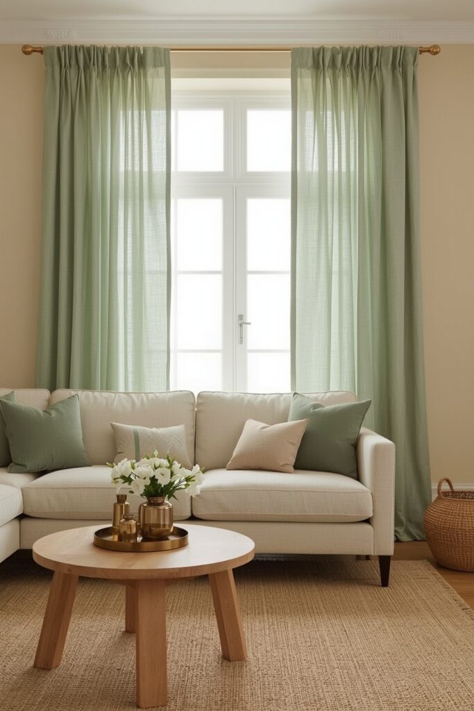 Salon avec rideaux vert sauge en lin, canapé, coussins assortis et décoration en bois clair pour une lumière apaisante.