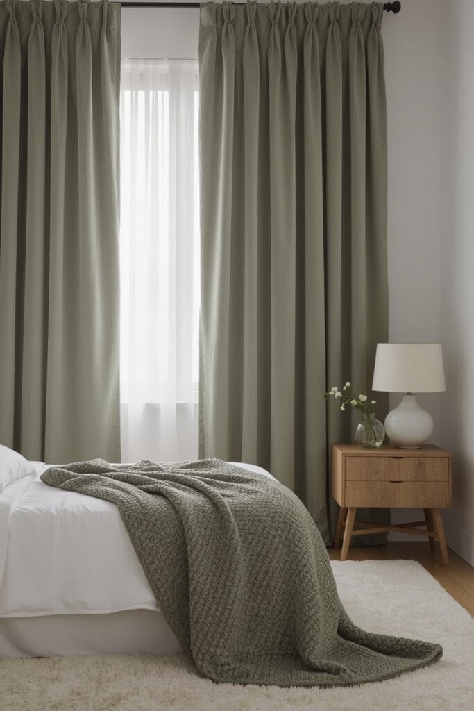 Chambre avec rideaux vert sauge en velours, lit, plaids et lampe de chevet pour une ambiance intime et reposante.