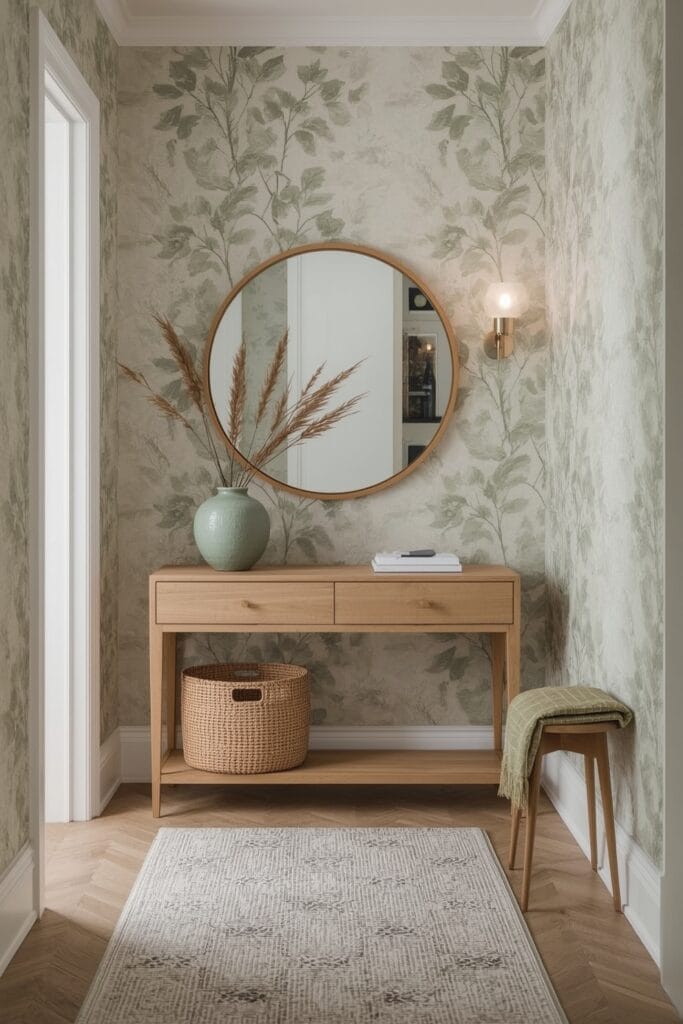Couloir avec papier peint à motifs végétaux vert sauge, console en bois clair, miroir et accessoires texturés pour une ambiance élégante.