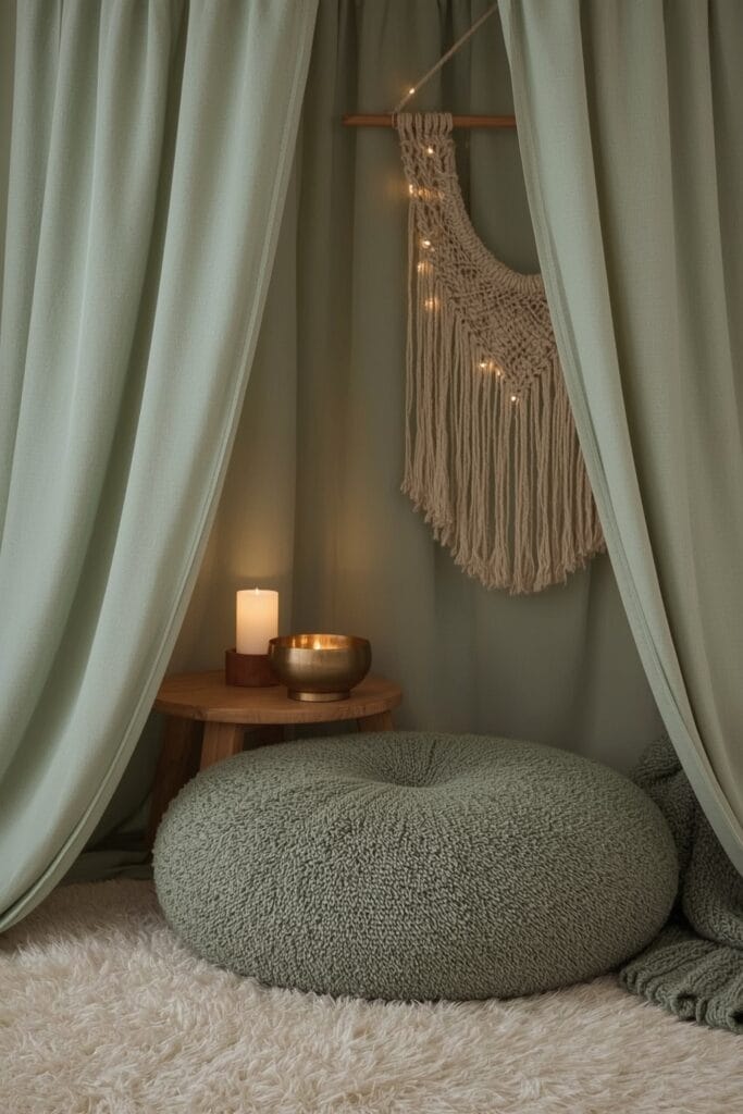 Coin méditation ultra cocooning avec canopée vert sauge, coussin bouclé, tapis shag et décoration zen pour une ambiance intimiste.