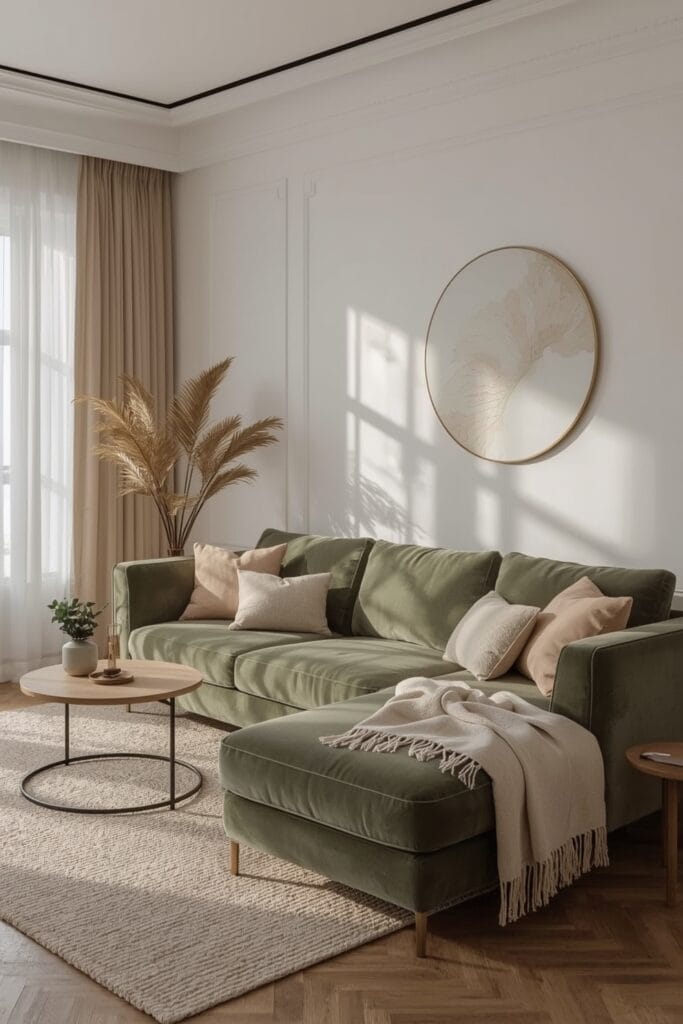 Salon moderne avec canapé Vert Sauge en velours et décoration cosy élégante.