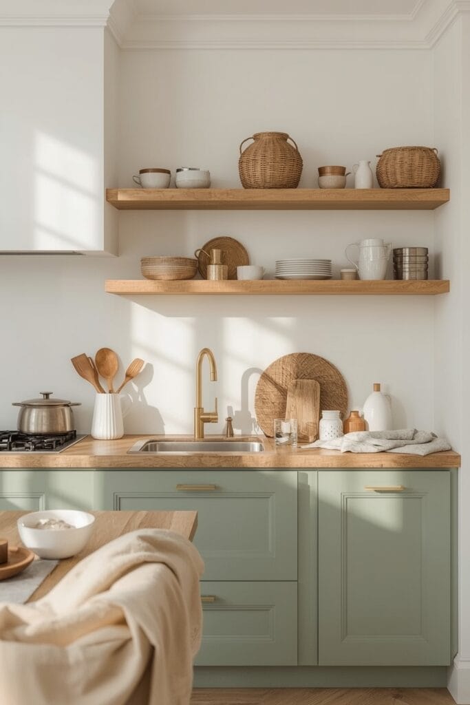 Cuisine Vert Sauge avec meubles en bois clair et détails dorés dans une ambiance cosy.