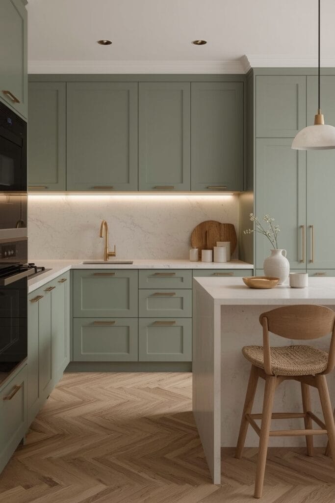 Cuisine Vert Sauge moderne avec accents dorés et ambiance chaleureuse.