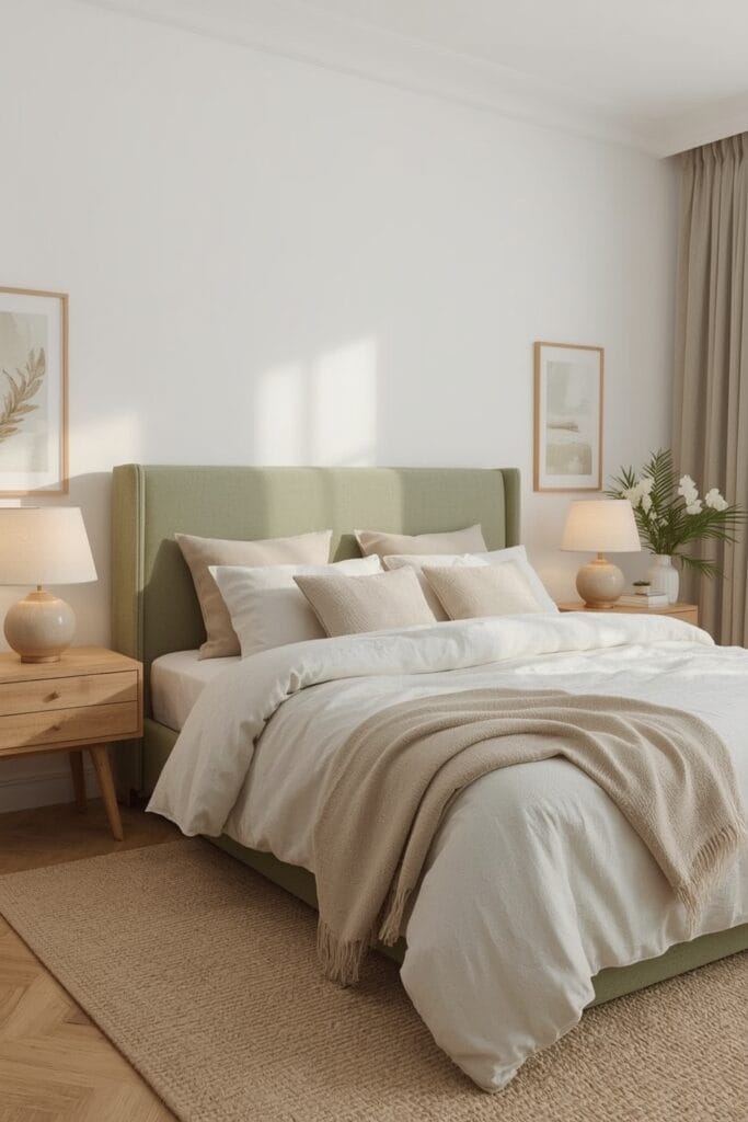 Chambre moderne avec tête de lit vert sauge et linge en lin dans une ambiance douce et naturelle.