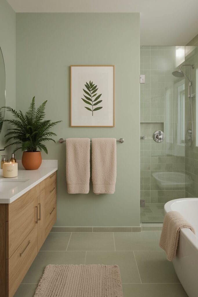 Salle de bain moderne vert sauge avec carrelage, meuble en bois clair, paniers de rangement et accessoires décoratifs cosy.