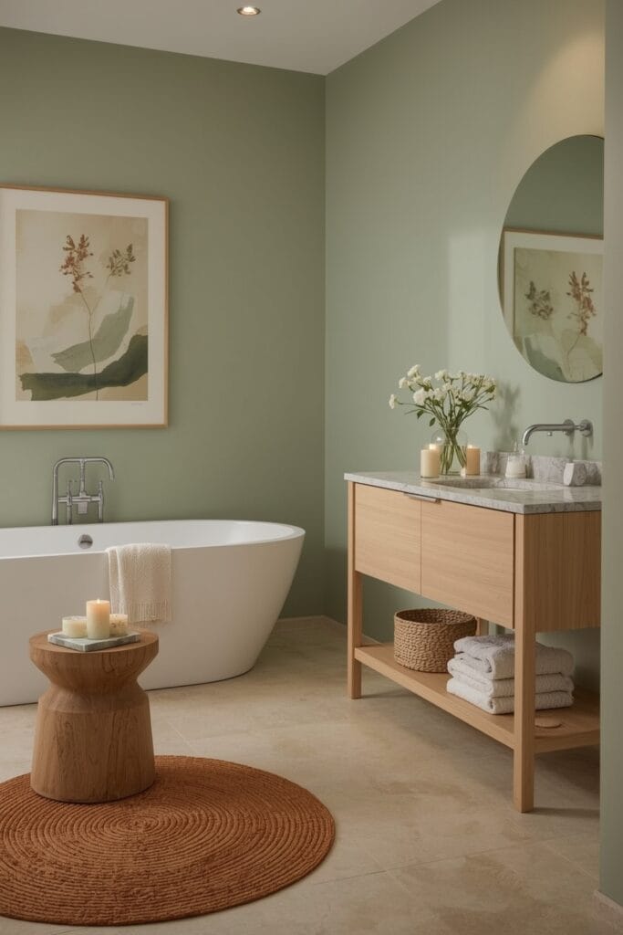 Salle de bain spa vert sauge avec baignoire libre, meuble en bois clair, paniers tressés, serviettes écrues et touches décoratives cosy.