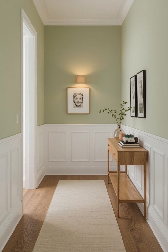 Couloir vert sauge avec moulures blanches, tapis clair, console en bois clair et galerie de cadres pour une transition élégante.