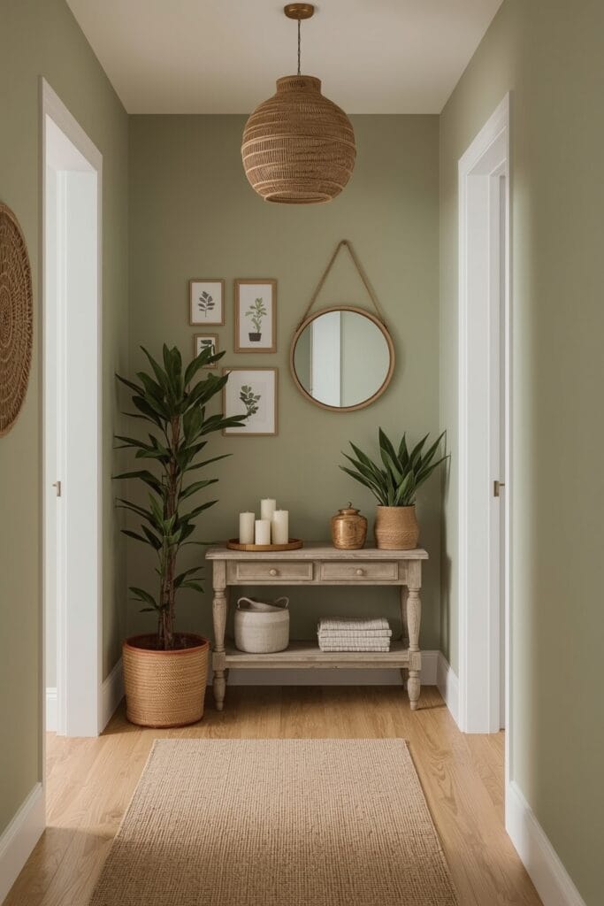 Couloir vert sauge bohème avec console rustique, tapis en jute, galerie d'art murale et éclairage doux pour une ambiance cosy.