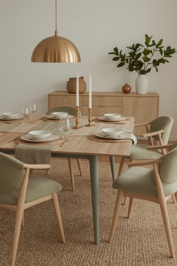 Salle à manger élégante avec table et chaises vert sauge, décoration en lin, osier et laiton pour une ambiance conviviale.
