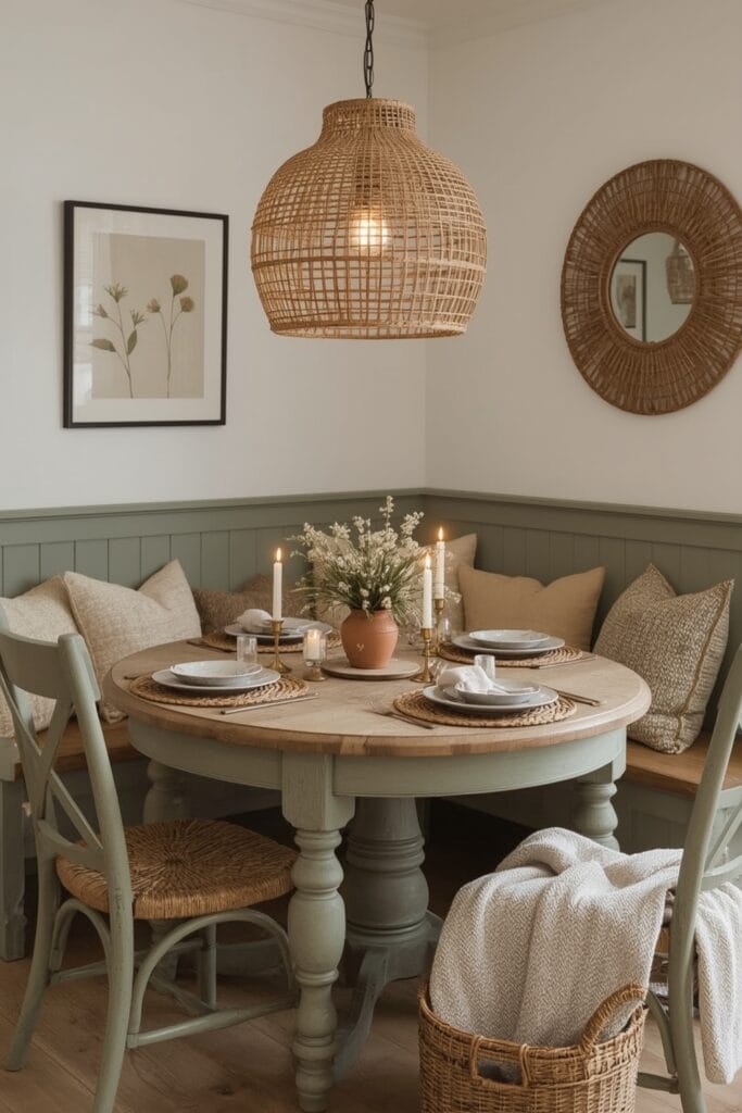 Coin repas cosy avec table et chaises vert sauge, banc avec coussins, décoration en osier et laiton pour une ambiance bohème.