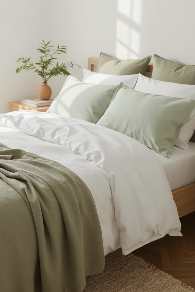 Chambre avec linge de maison vert sauge, draps en lin, coussins en velours et plaid léger pour une ambiance douce et cosy.
