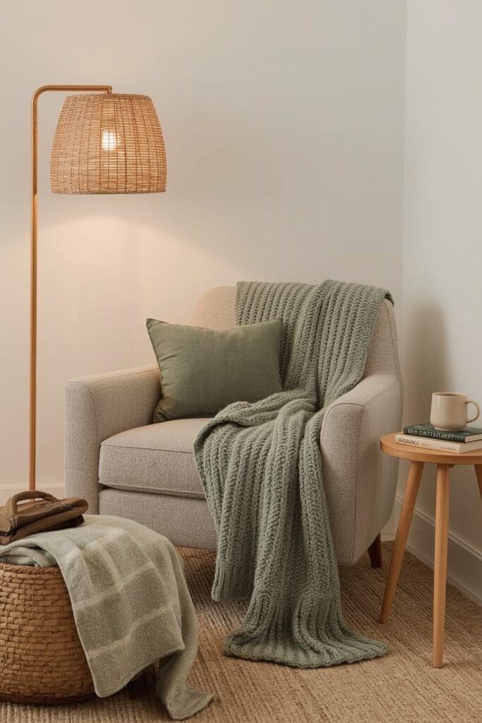 Coin lecture cosy avec plaid vert sauge, coussins texturés, panier en osier et éclairage doux pour une ambiance cocooning.
